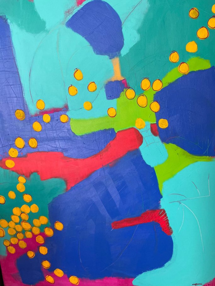 Cuadro de composición abstracta con formas coloridas en azul, verde, rojo y amarillo.