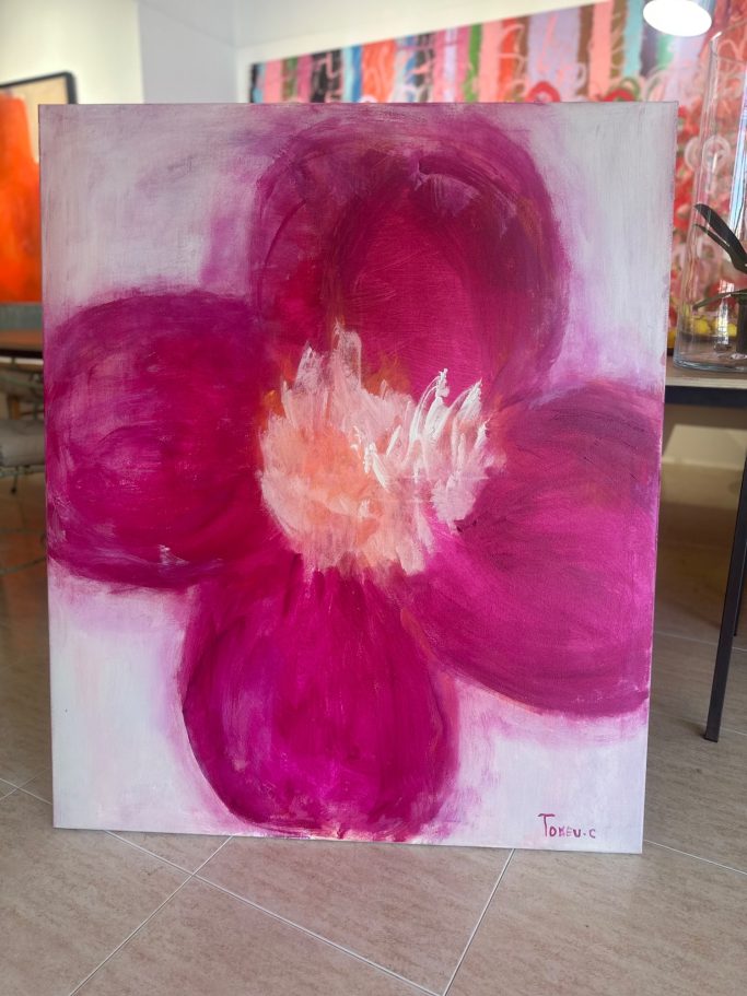 Una gran flor de colores vibrantes en tonos rosados y blancos.