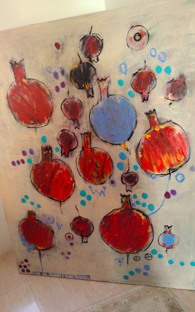 Arte abstracto con esferas rojas y azules, acompañadas de burbujas en tonos variados.